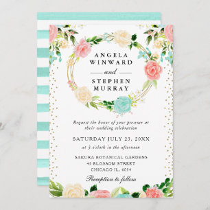 Pink and Mint Flowers Wreath Wedding Invitation