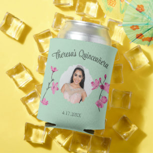 Pink and Mint Green Cherry Blossom Custom Photo Can Cooler