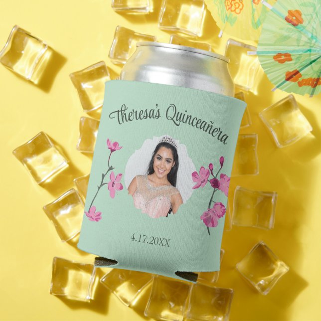 Pink and Mint Green Cherry Blossom Custom Photo Can Cooler (In Situ Summer)