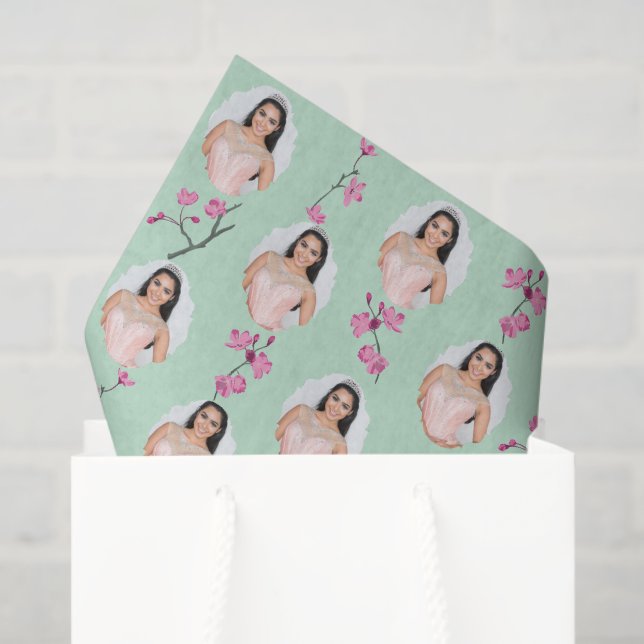 Pink and Mint Green Cherry Blossom Custom Photos Tissue Paper (Gift Bag)