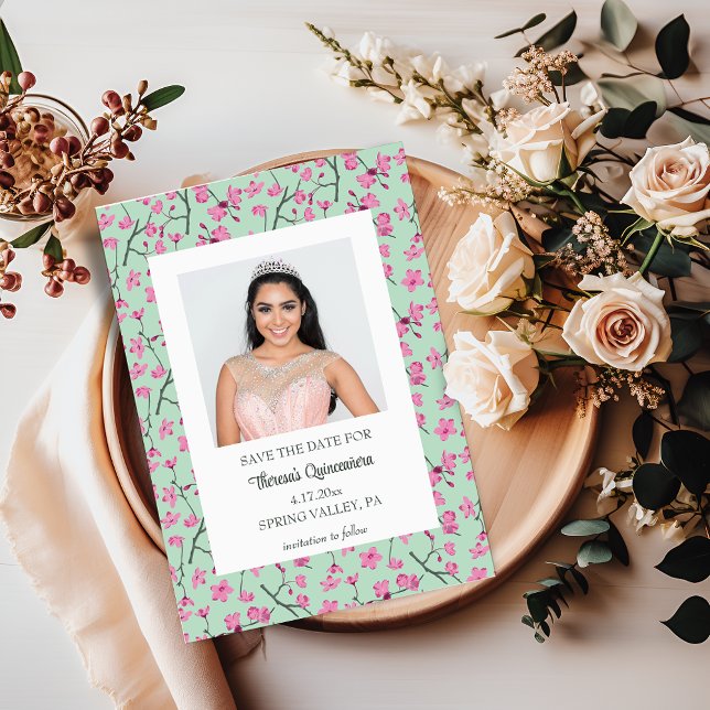 Pink and Mint Green Cherry Blossom Save the Date Invitation (Creator Uploaded)