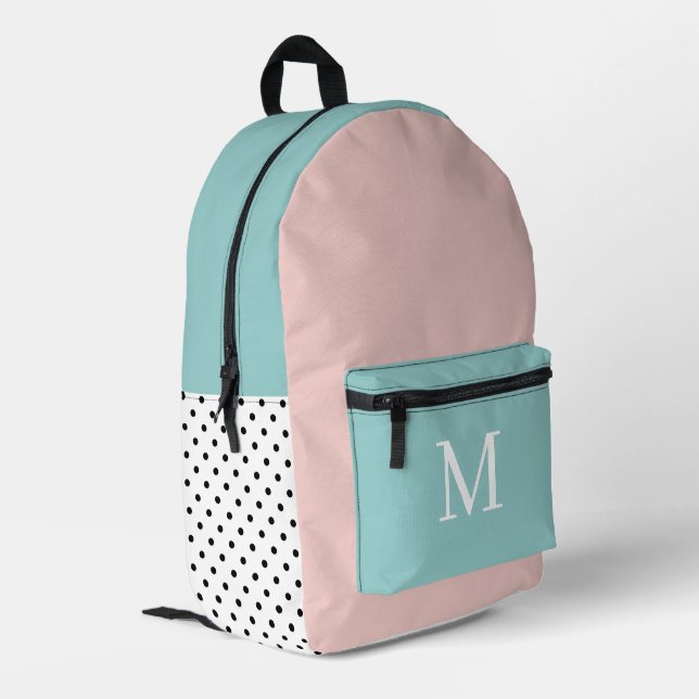 Pink and Mint Green Girl Monogram Initial  Printed Backpack (Back Corner Left)