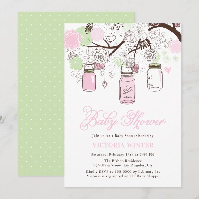 Pink and Mint Green Hanging Mason Jars Baby Shower Invitation (Front/Back)