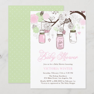 Pink and Mint Green Hanging Mason Jars Baby Shower Invitation