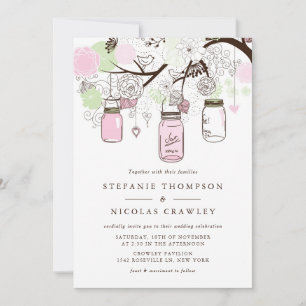 Pink and Mint Green Mason Jars Wedding Invitation