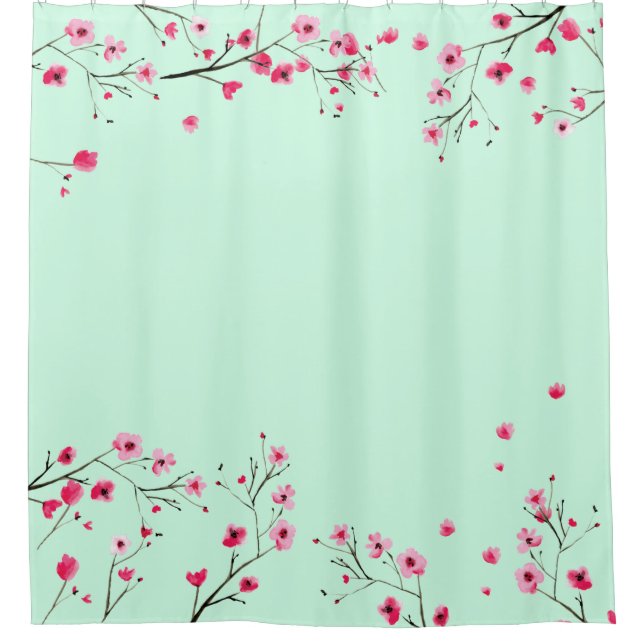 Pink and Mint Green - Watercolor Cherry Blossom Shower Curtain (Front)