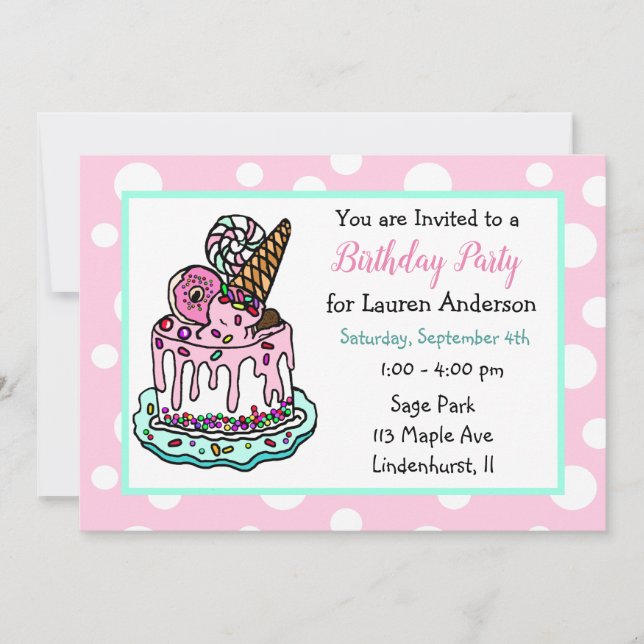 Pink and Mint Green Whimsical Cake Girl's Birthday Invitation (Front)