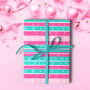 Pink and Mint Horizontal Striped Snowflake Wrapping Paper