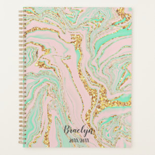 Pink and Mint Marble Gold Glitter Personalised   Planner