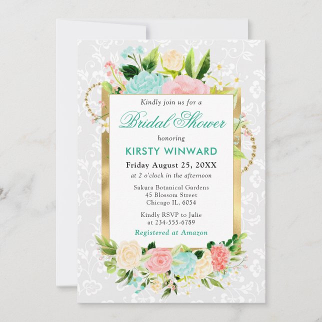 Pink and Mint Summer Flowers Gold Bridal Shower Invitation (Front)