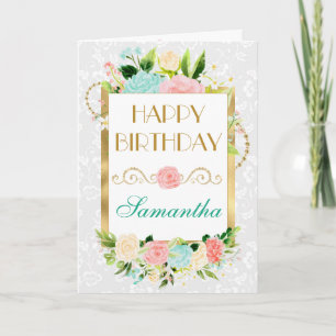 Pink and Mint Summer Flowers Gold Foil Birthday Card