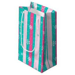 Pink and Mint Vertical Striped Snowflake Small Gift Bag