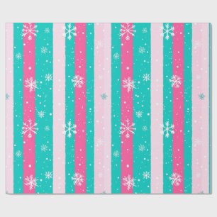 Pink and Mint Vertical Striped Snowflake Wrapping Paper