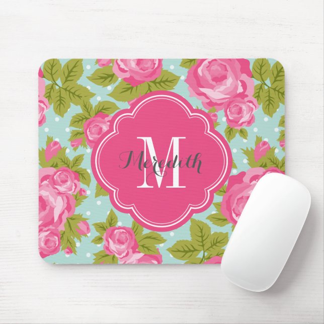 Pink and Mint Vintage Roses Monogram Mouse Mat (With Mouse)