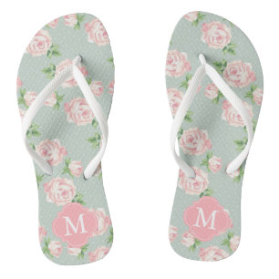 Pink and Mint Vintage Roses Monogrammed Flip Flops