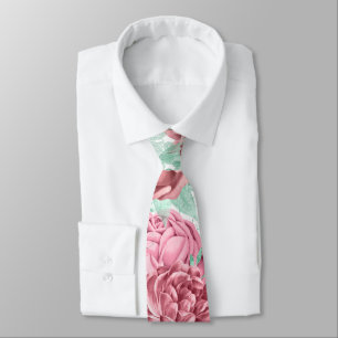 Pink and Mint Watercolor Florals Wedding Tie