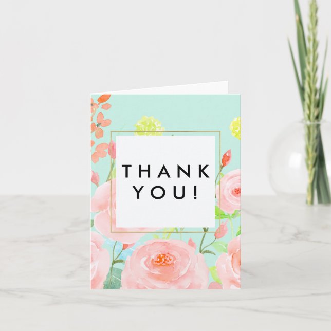 Pink and Mint Watercolor Roses Thank You (Front)