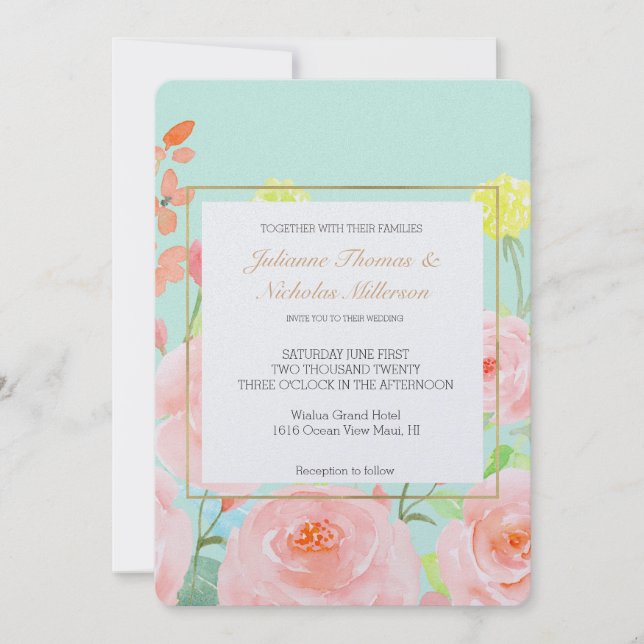 Pink and Mint Watercolor Roses Wedding Invitation (Front)