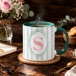 Pink and Mint Watercolor Striped custom monogram Mug