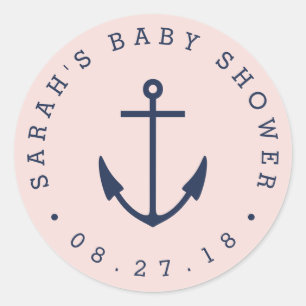 Pink and Navy Anchor Nautical Baby Shower Classic Round Sticker
