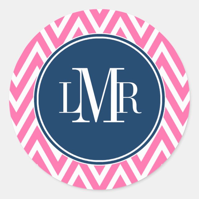 Pink and Navy Blue Chevrons Monogram Classic Round Sticker (Front)