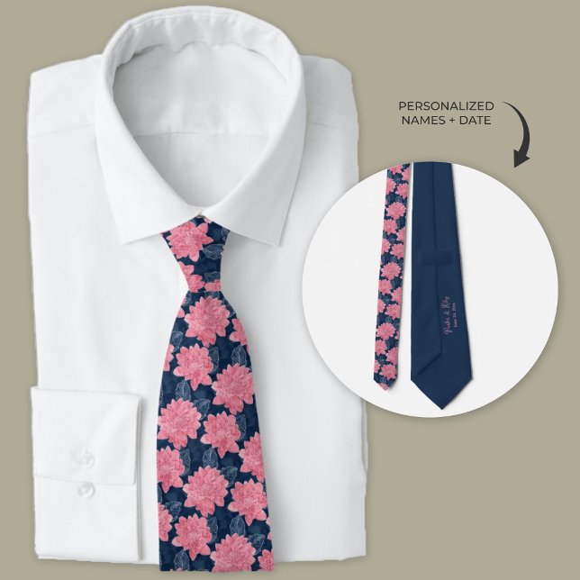 Pink and Navy Blue Dahlia Groomsmen Tie (Pink dahlia floral wedding neck tie.)