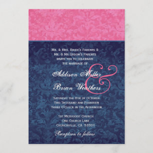 Pink and Navy Blue Damask Wedding Metallic Invitation