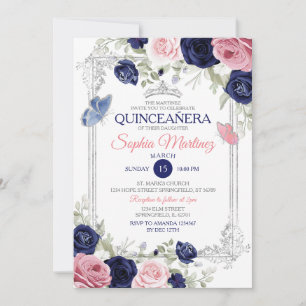 Pink And Navy Blue Floral Butterfly Quinceañera Invitation