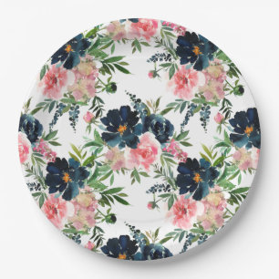 Pink and Navy Blue Floral Roses Wedding Paper Plate