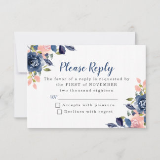 Pink and Navy Blue Floral Wedding RSVP Cards