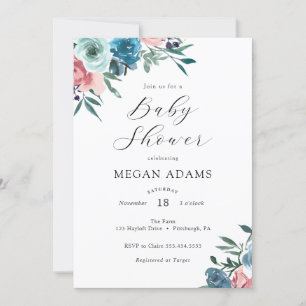 Pink and Navy Blue Flowers Baby Shower Invitation