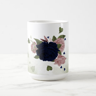 pink and navy blue flowers greenery  coffee mug