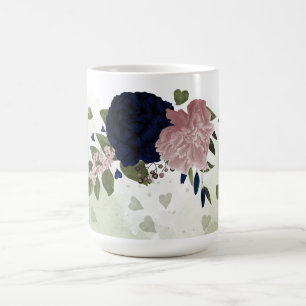 pink and navy blue flowers greenery coffee mug