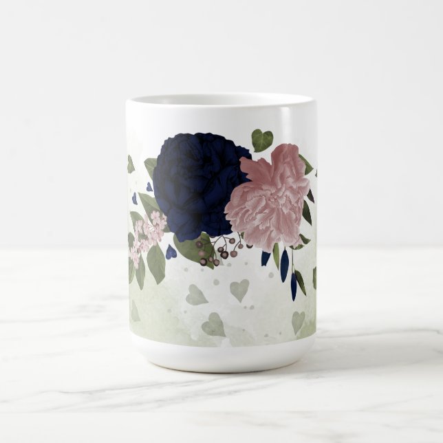 pink and navy blue flowers greenery  coffee mug (Center)