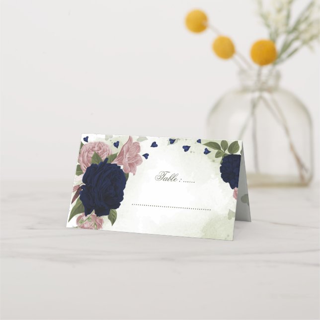 pink and navy blue flowers greenery place card (Front)