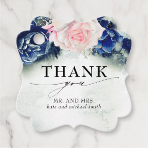 Pink and Navy Blue Flowers Wedding Thank You Favour Tags