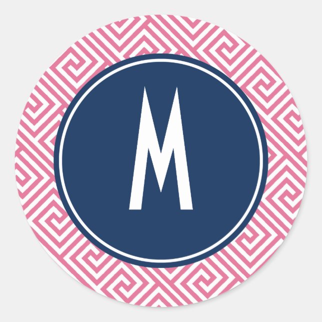 Pink and Navy Blue Greek Key Pattern Monogram Classic Round Sticker (Front)