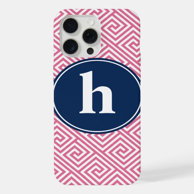 Pink and Navy Blue Greek Key Pattern Monogram iPhone Case (Back)