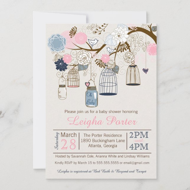 Pink and Navy Blue Hanging Cages Jars Baby Shower Invitation (Front)