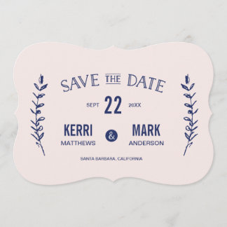 Pink and Navy Blue Laurels Save The Date Card