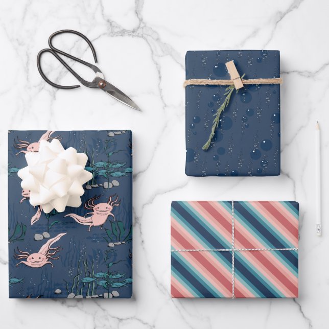 Pink and Navy Blue Mexican Axolotl Wrapping Paper Sheet (Front)