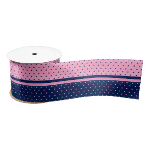 Pink and Navy Blue Polka Dots Satin Ribbon