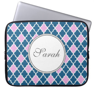 pink and navy blue quatrefoil monogram laptop sleeve