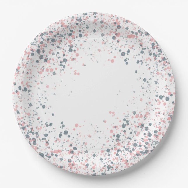 Pink and Navy Blue Splatter Paper Plate (Front)