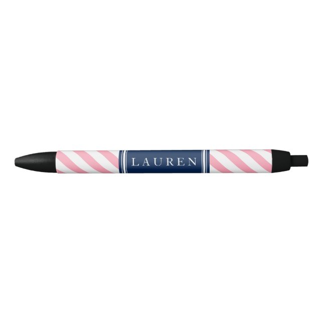 Pink and Navy Blue Stripes Black Ink Pen (Front)