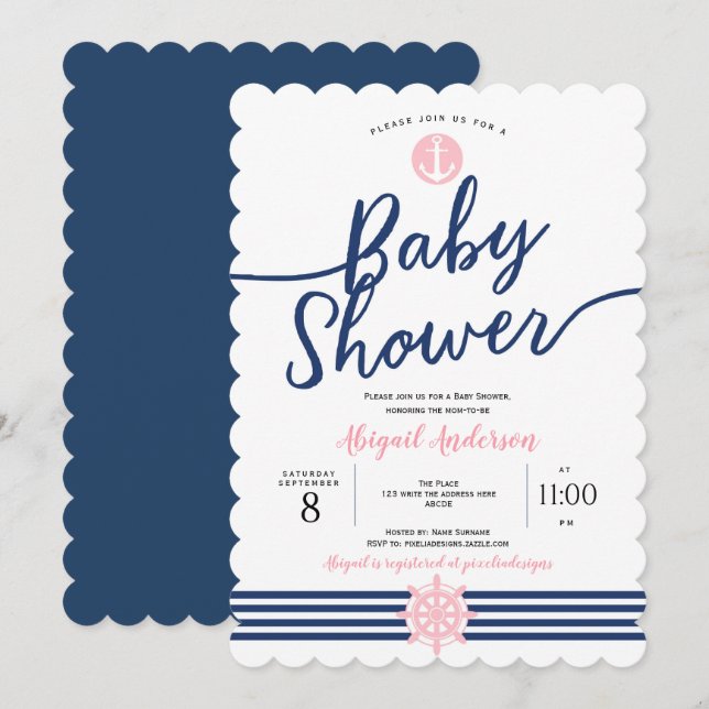 Pink and Navy Blue, Summer, Nautical, Baby Girl Invitation (Front/Back)