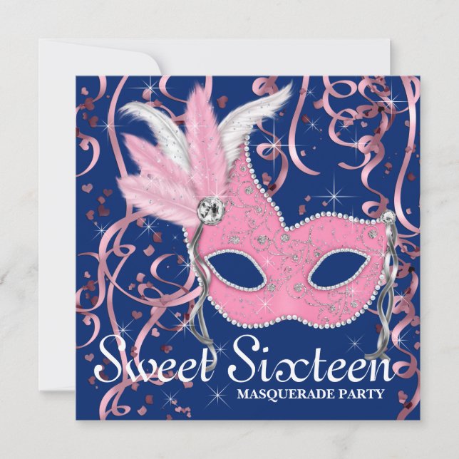 Pink and Navy Blue Sweet Sixteen Party Invitation (Front)