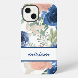 Pink and Navy Blue Watercolor Floral Name iPhone 13 Case