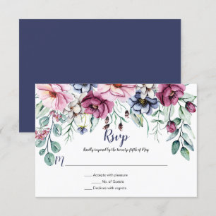 Pink and Navy Blue Watercolor Floral RSVP Card