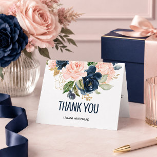 Pink and Navy Floral Watercolor Baby Shower Thank You Card